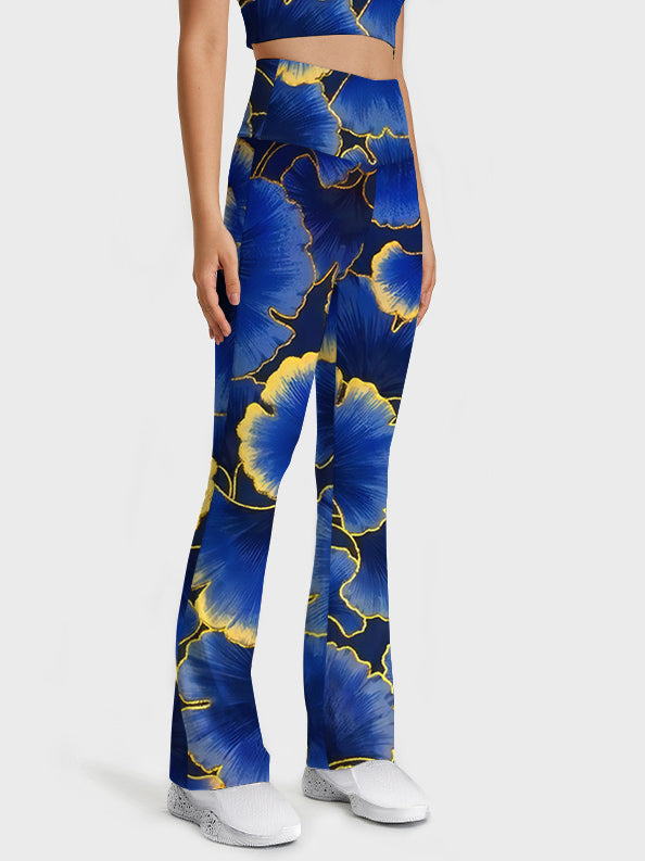 Botanical blue ginkgo leaf gold edge flare leggings