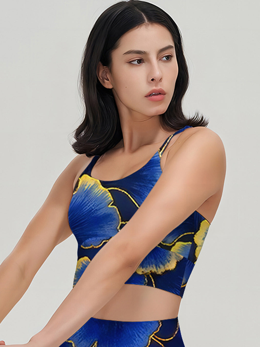 Botanical blue ginkgo leaf gold edge tank tops
