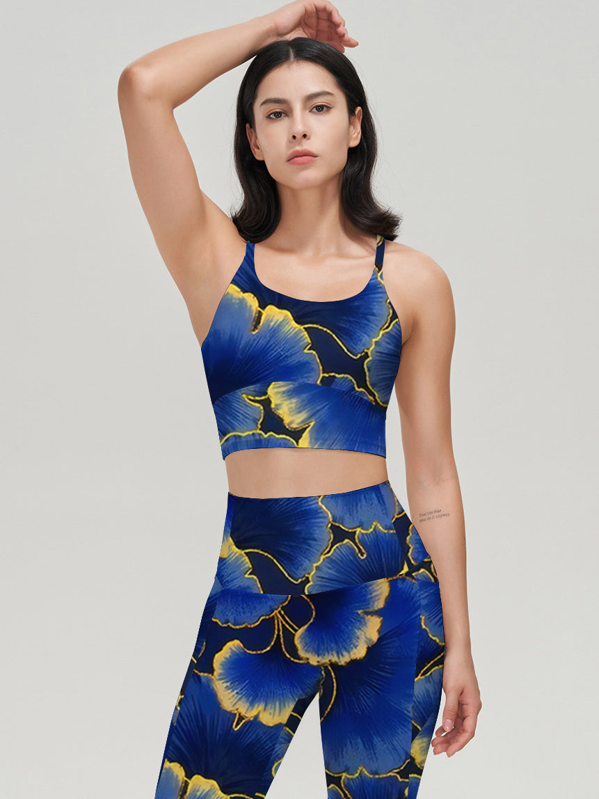 Botanical blue ginkgo leaf gold edge flare leggings