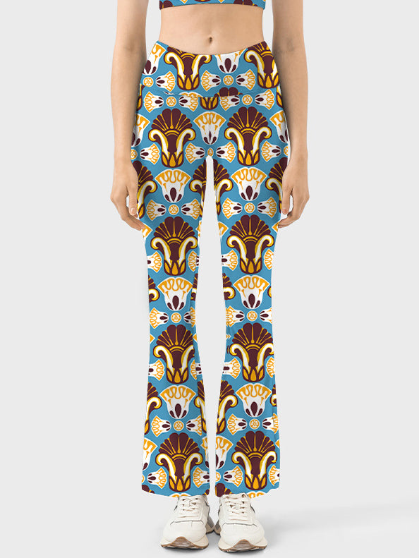 Vintage flower wallpaper brown style flare leggings