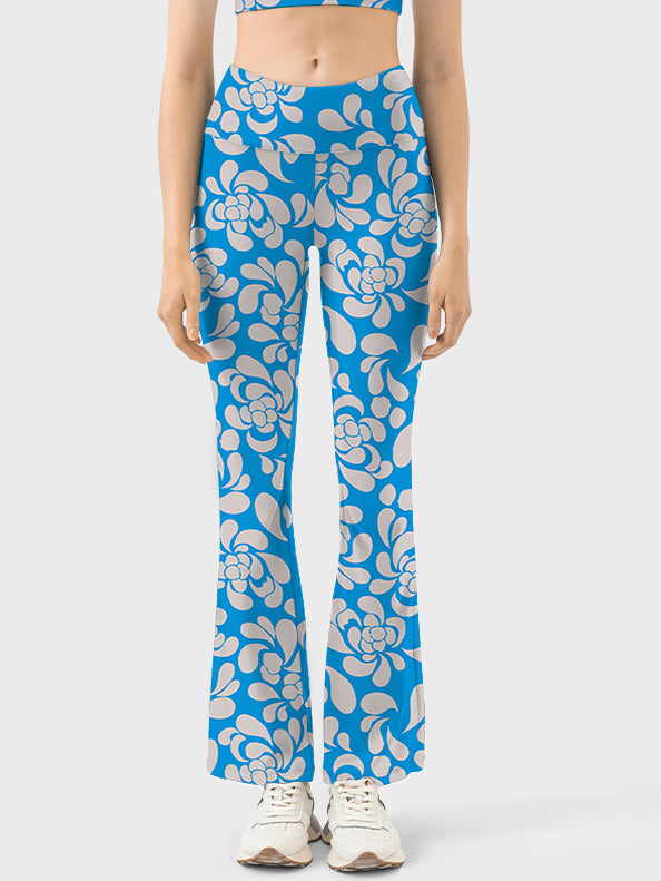 Hollow flower graphic blue flare leggings