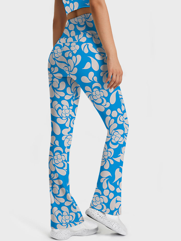 Hollow flower graphic blue flare leggings