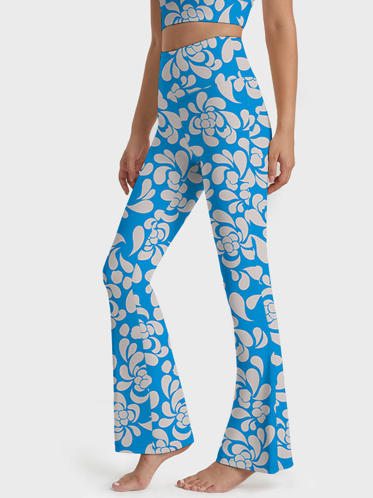 Hollow flower graphic blue flare leggings