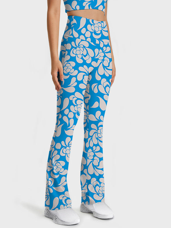 Hollow flower graphic blue flare leggings