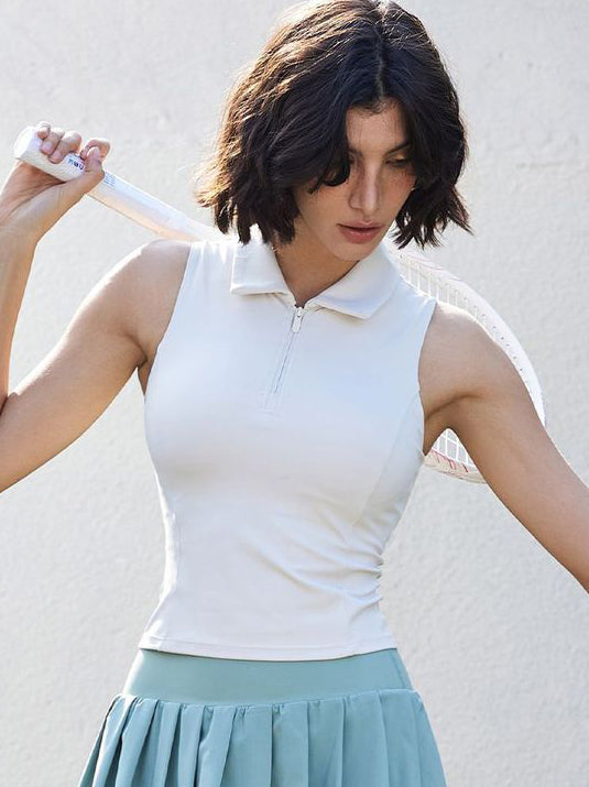 Basic sleeveless lapel Zip-Up tank tops