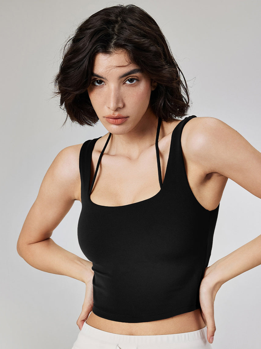 Basic fake two-piece halter neck tank tops with chest pads