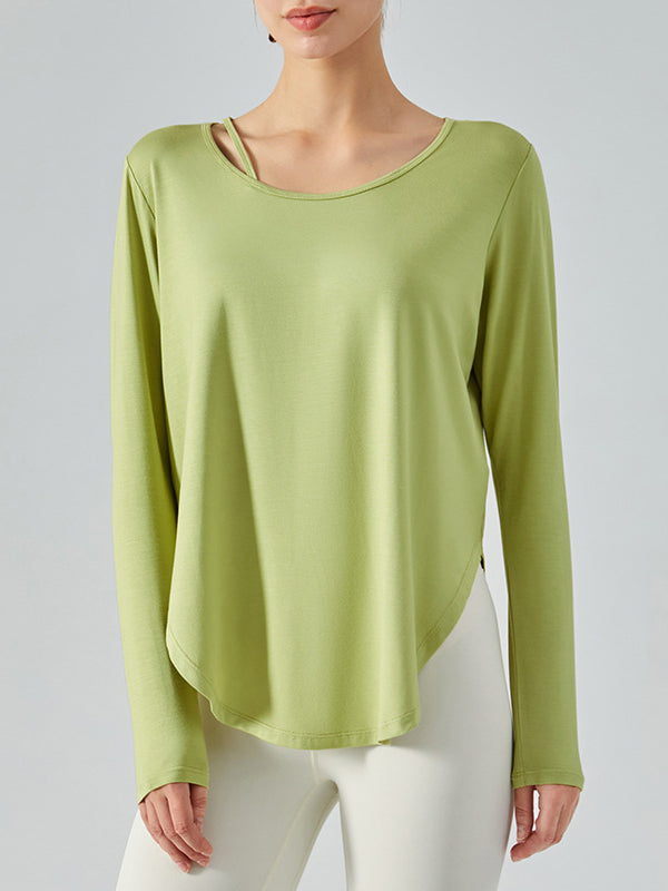 Basic single tie neckline fitness shirt long sleeves