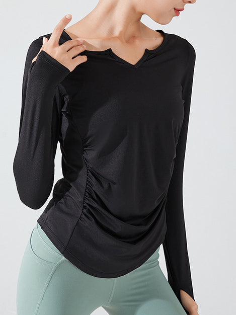 Basic V-neck waist pleated yoga long sleeves