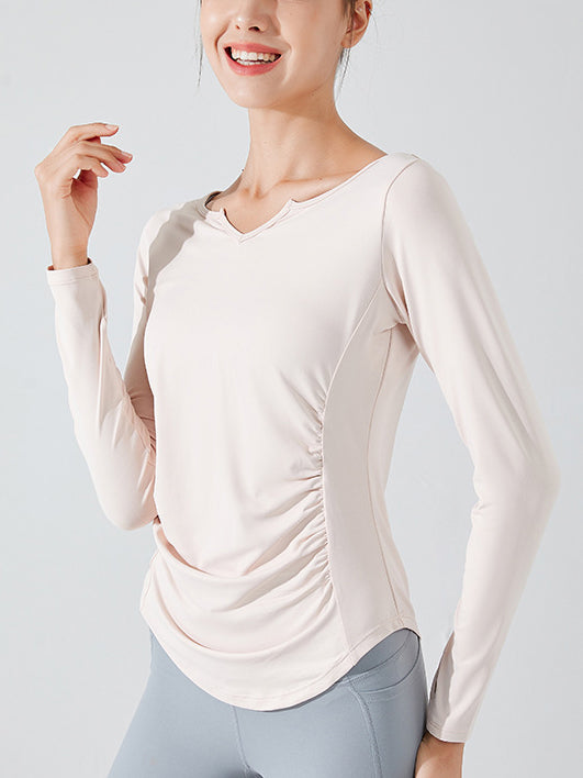Basic V-neck waist pleated yoga long sleeves