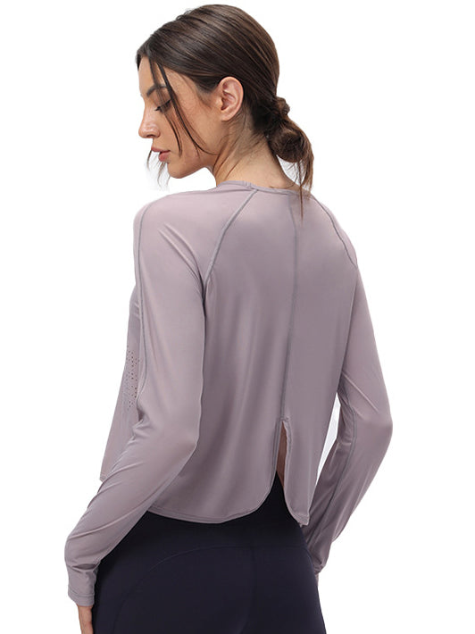 Basic breathable mesh nude back slit long sleeve