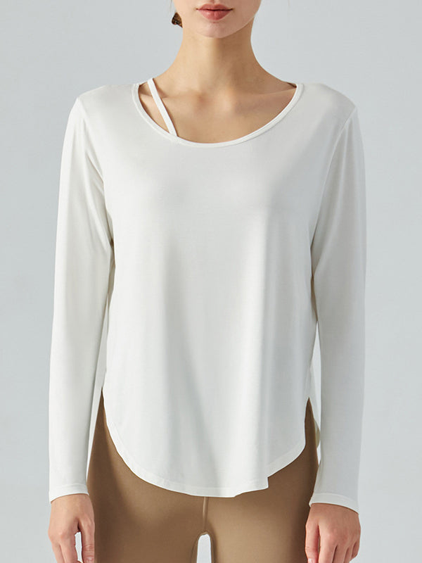 Basic single tie neckline fitness shirt long sleeves