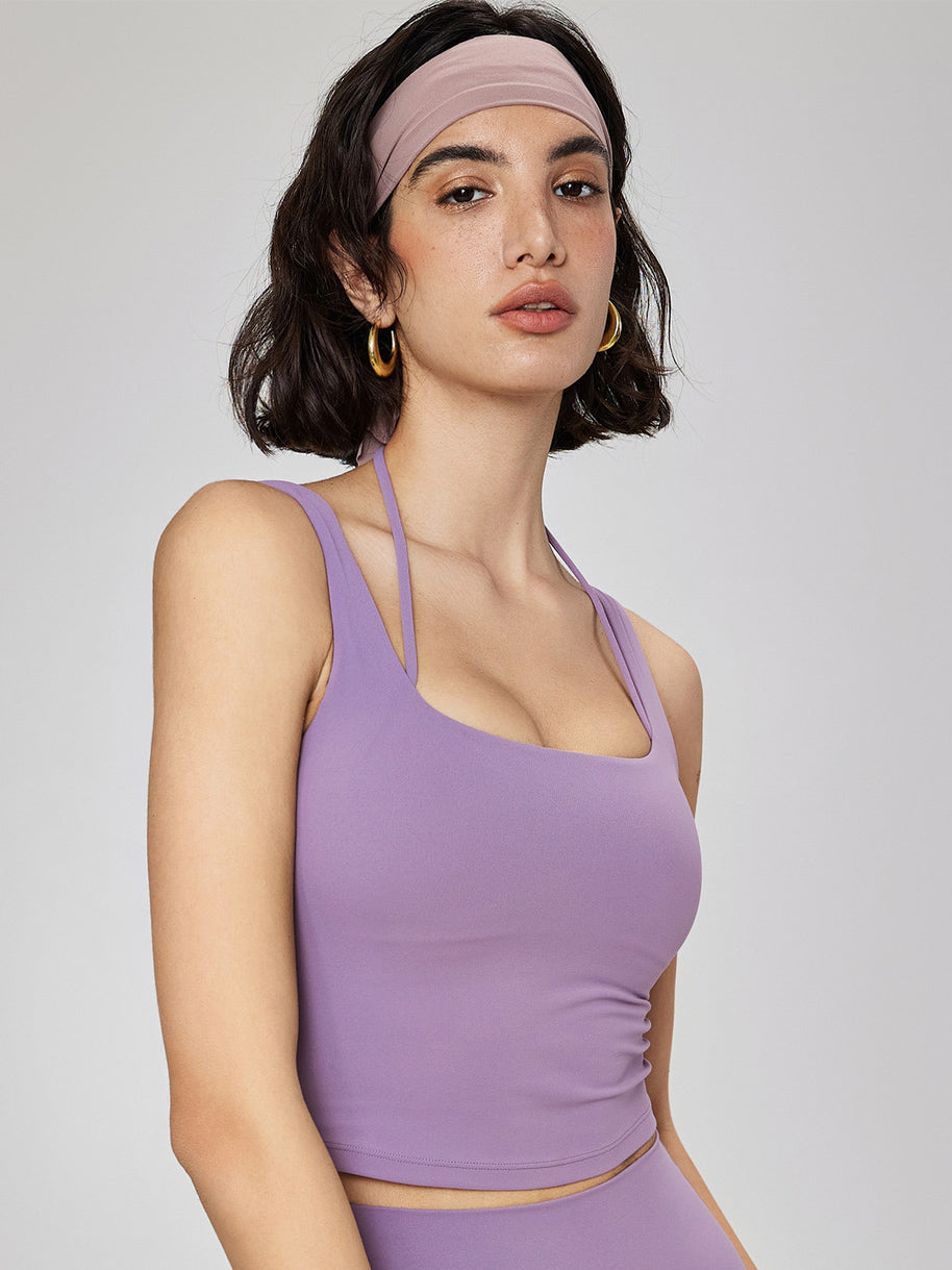 Basic fake two-piece halter neck tank tops with chest pads