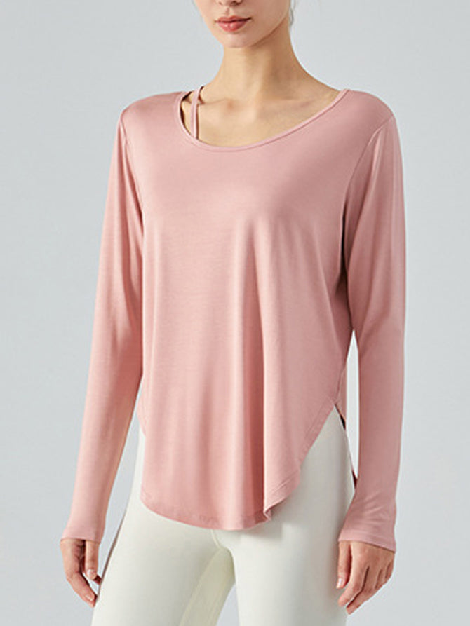 Basic single tie neckline fitness shirt long sleeves
