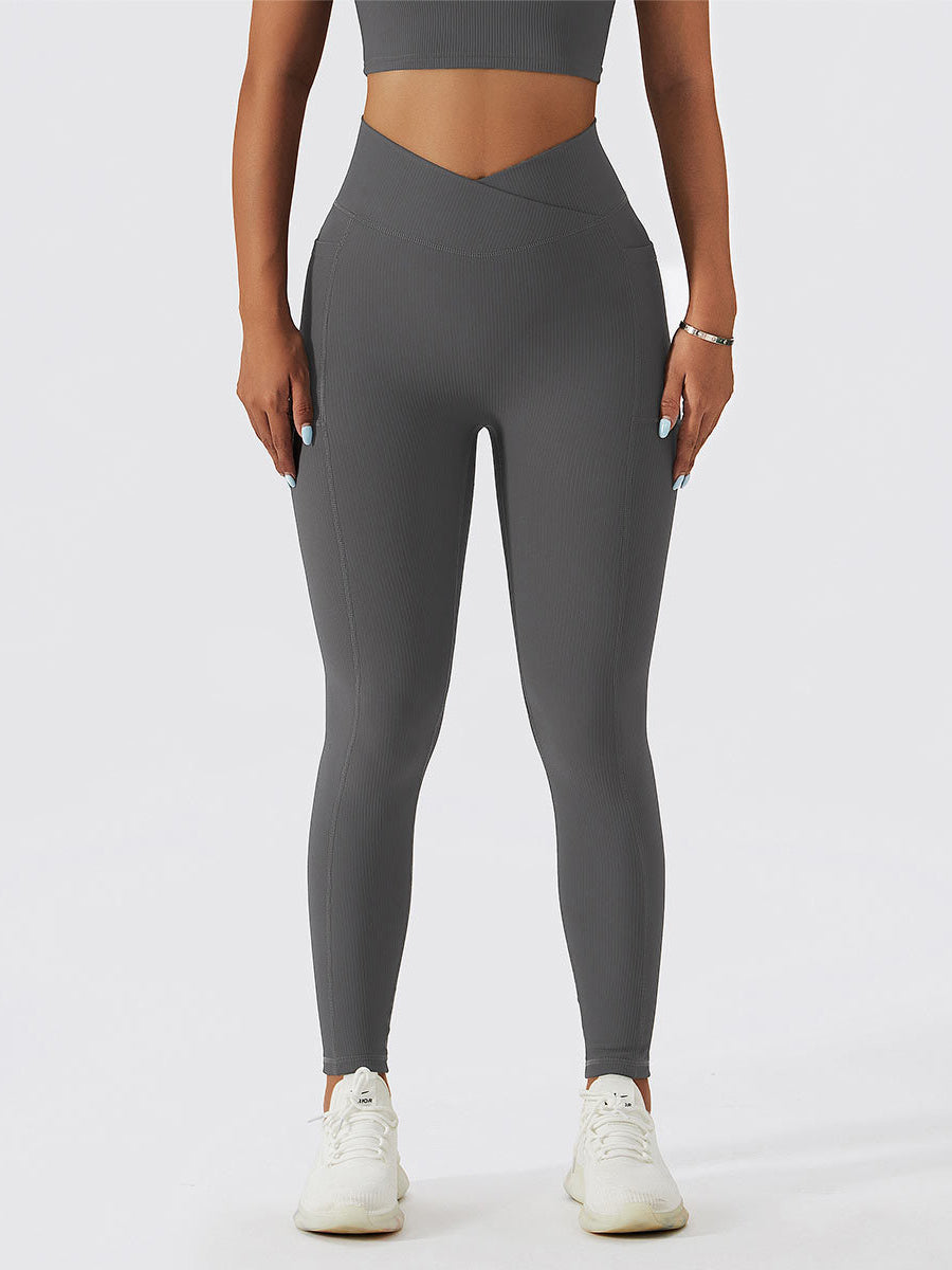 Basic threaded cross-waist side pocket leggings
