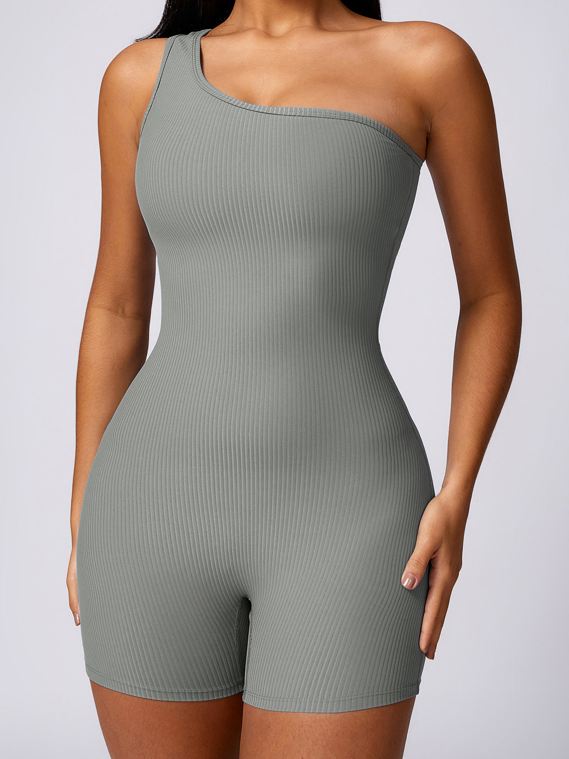 Basic single shoulder strap one-piece seamless knitted bodysuit