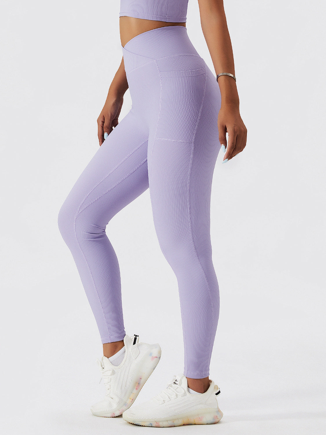 Basic threaded cross-waist side pocket leggings