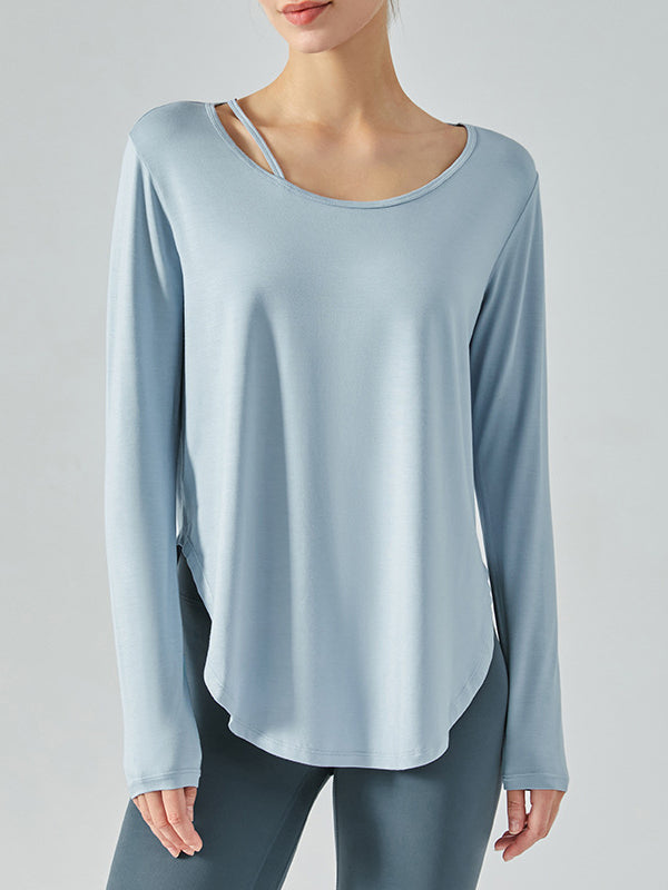 Basic single tie neckline fitness shirt long sleeves
