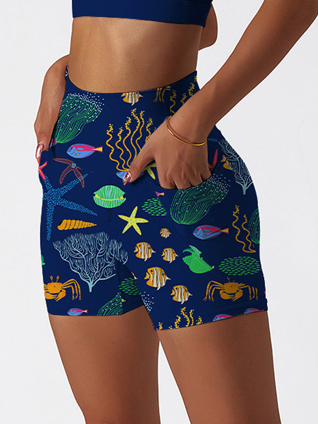 Ocean marine life coral dark blue shorts