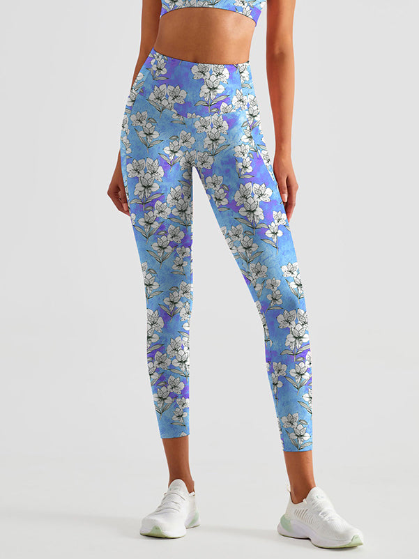 Flower white cherry blossoms blue leggings