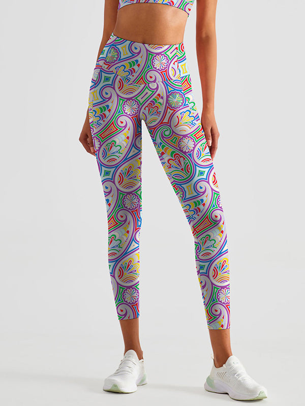 Colourful drawn paisley breathable waistband leggings