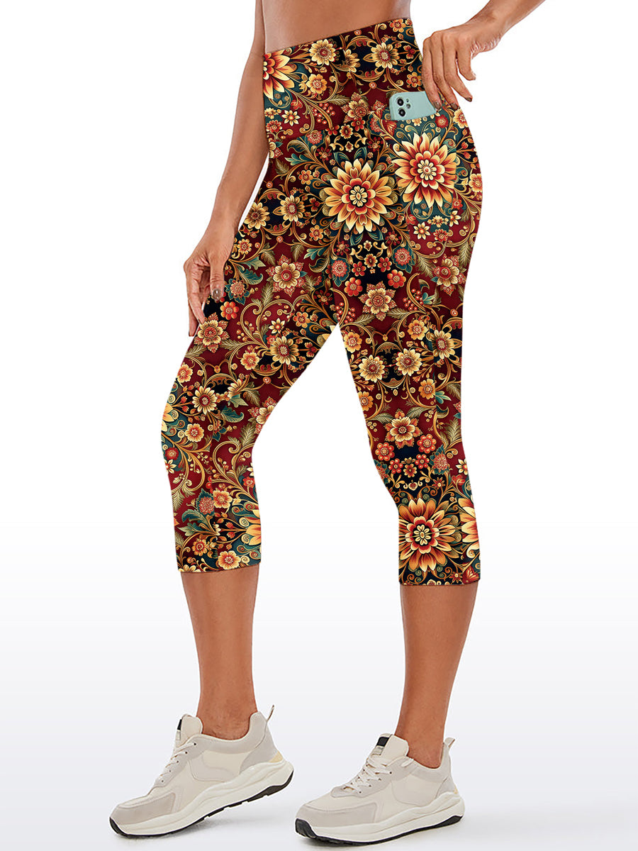 Ornate golden floral pattern red capris