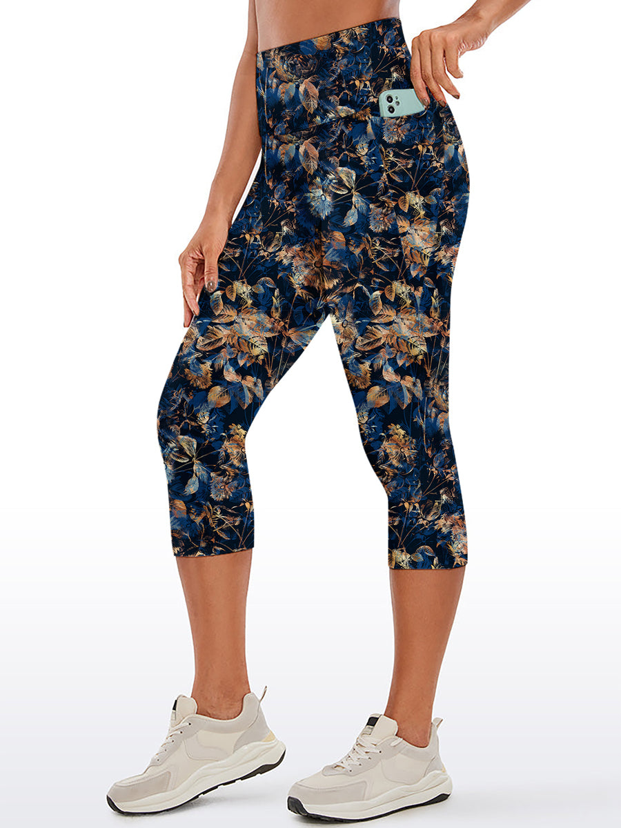 Botanical golden withered leaves decorative blue capris