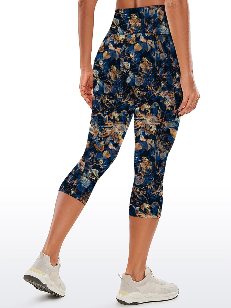 Botanical golden withered leaves decorative blue capris