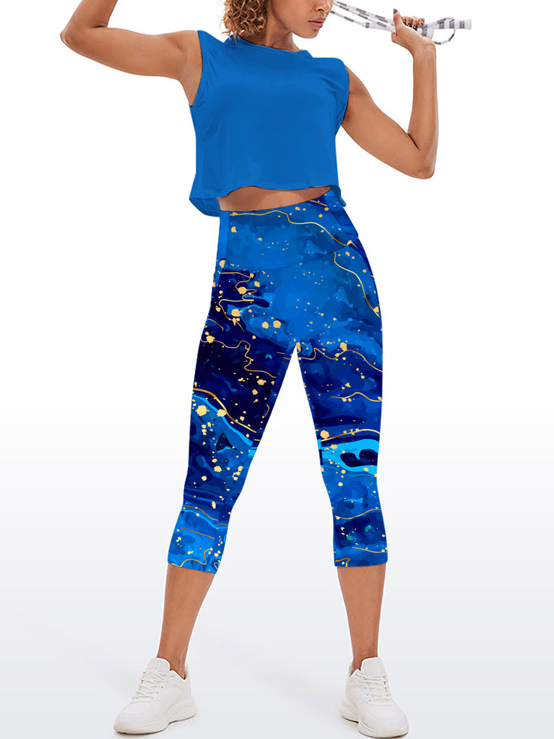 Water ripple blue abstract gilt tie dye capris