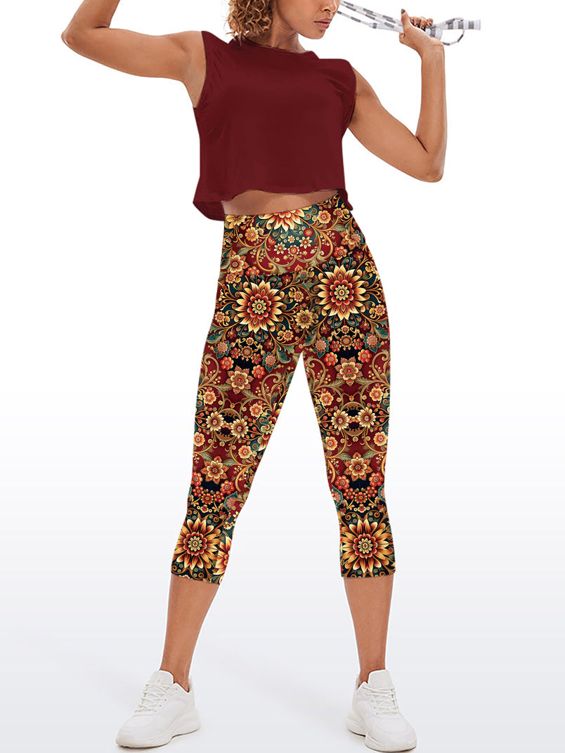 Ornate golden floral pattern red capris
