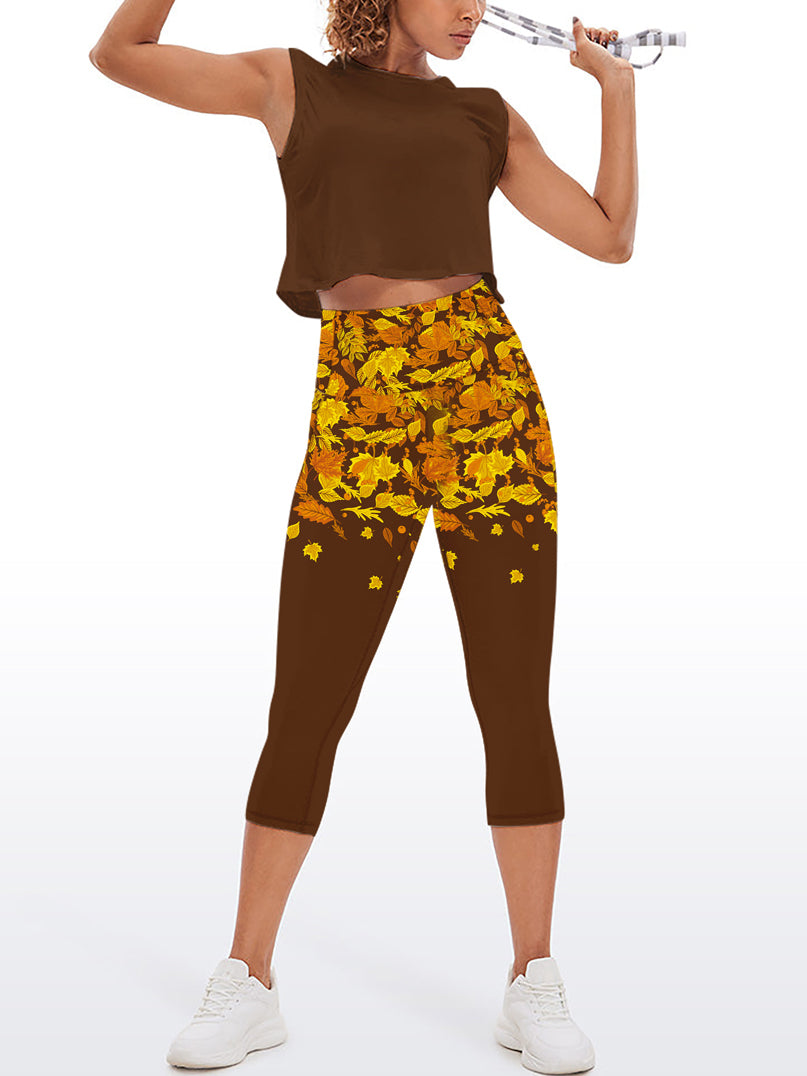 Botanical autumn falling maple leaves brown capris