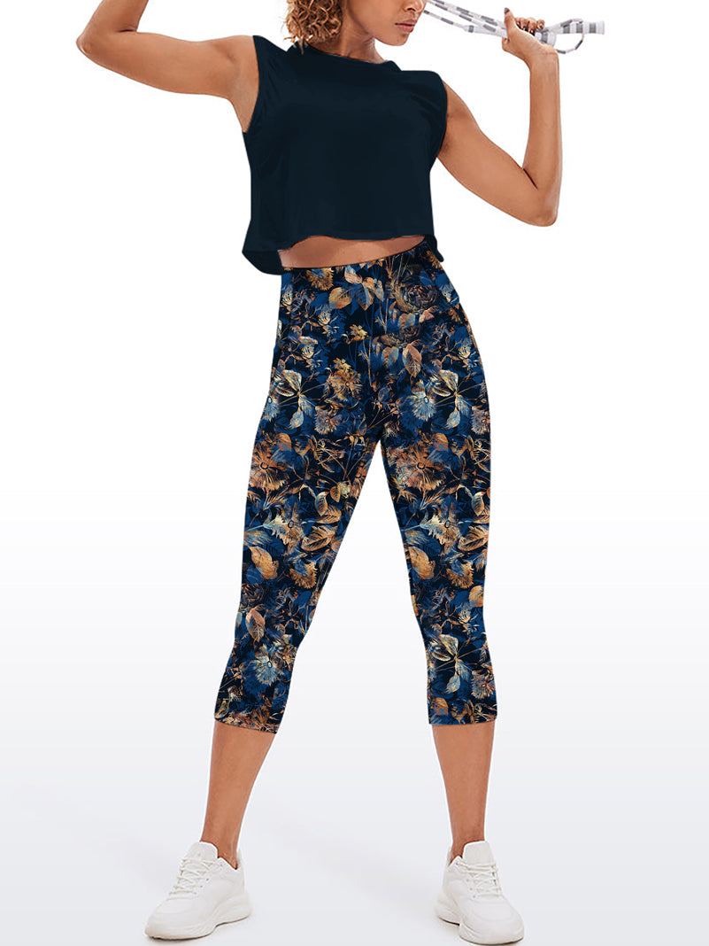 Botanical golden withered leaves decorative blue capris