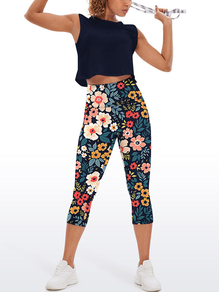 Flower big and small colorful flower dark capris