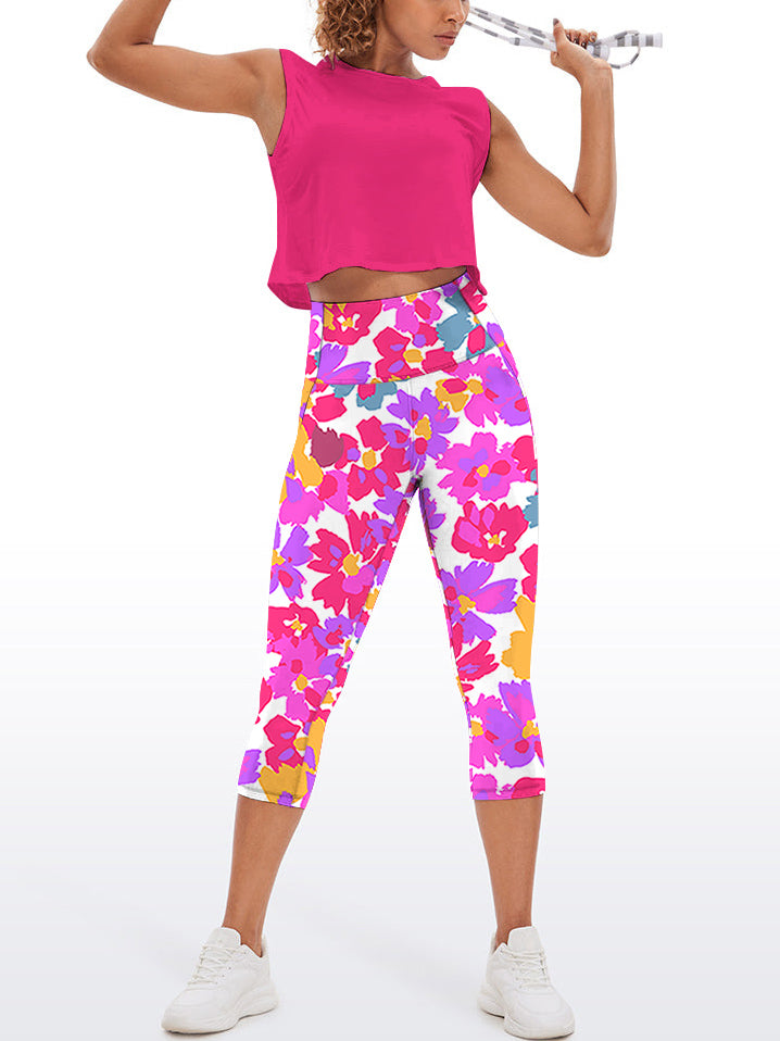 Watercolor pink graphic large scale flower capris