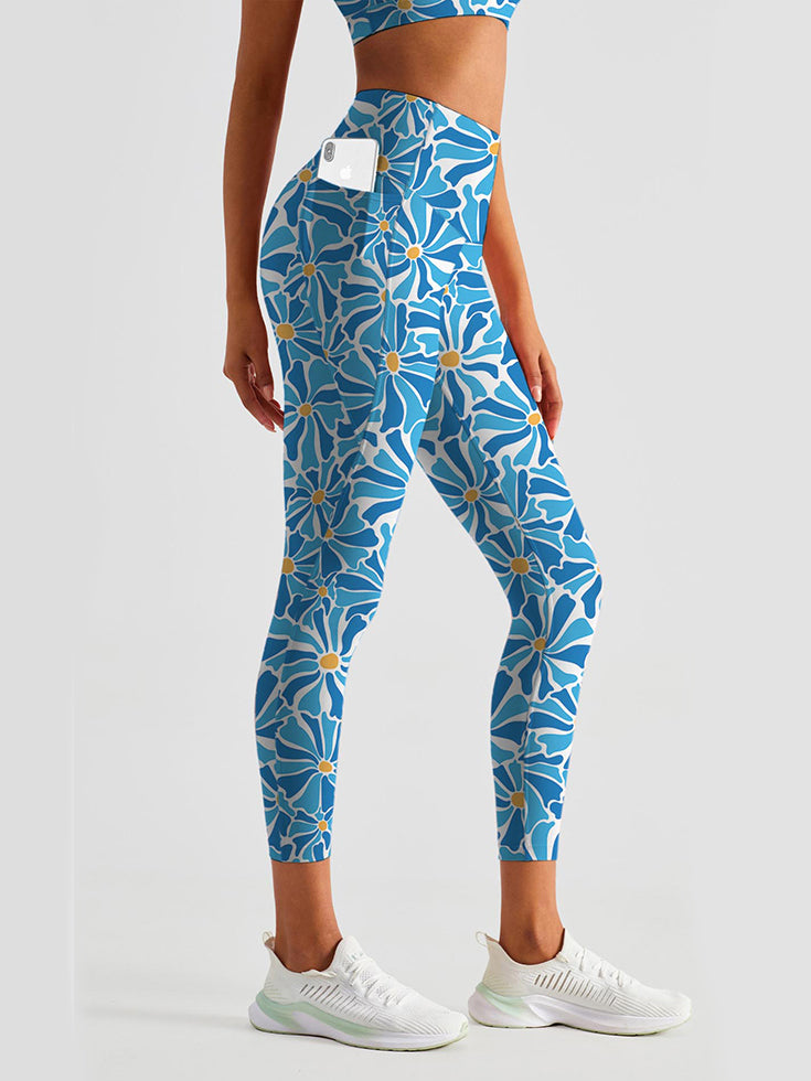 Flower abstract naive blue chrysanthemum leggings