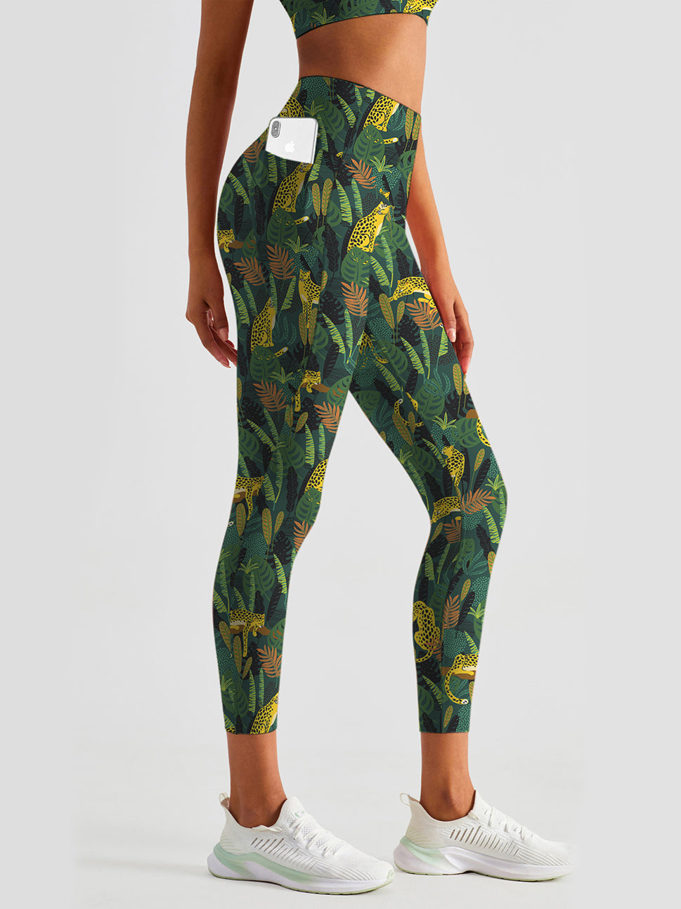 Botanical green leaves leopard high waisted leggings