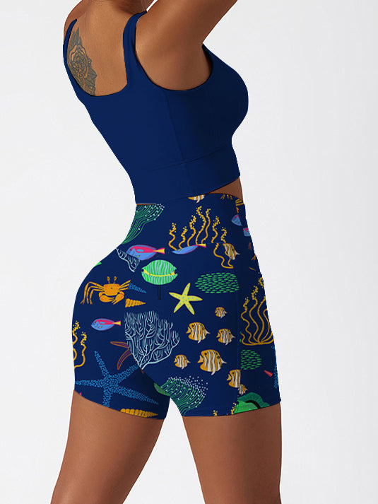 Ocean marine life coral dark blue shorts