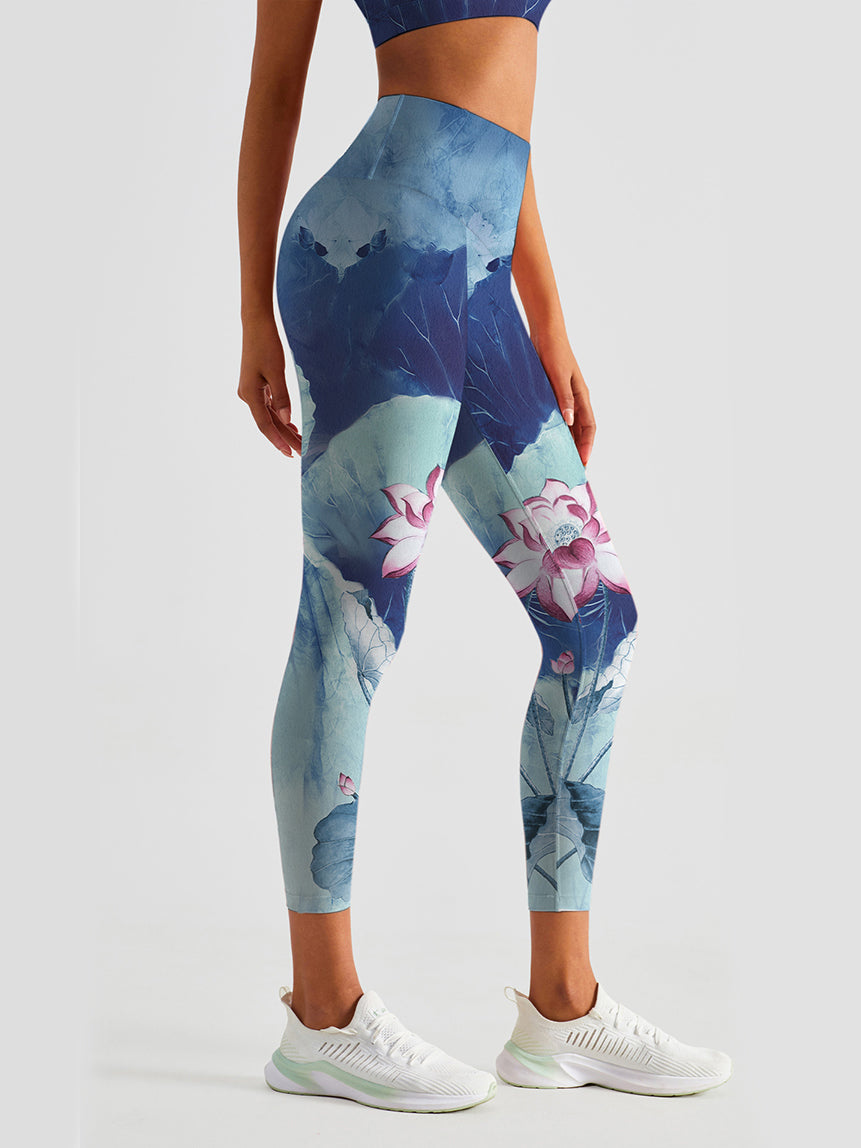 Blue pond lotus leaf lotus print breathable leggings