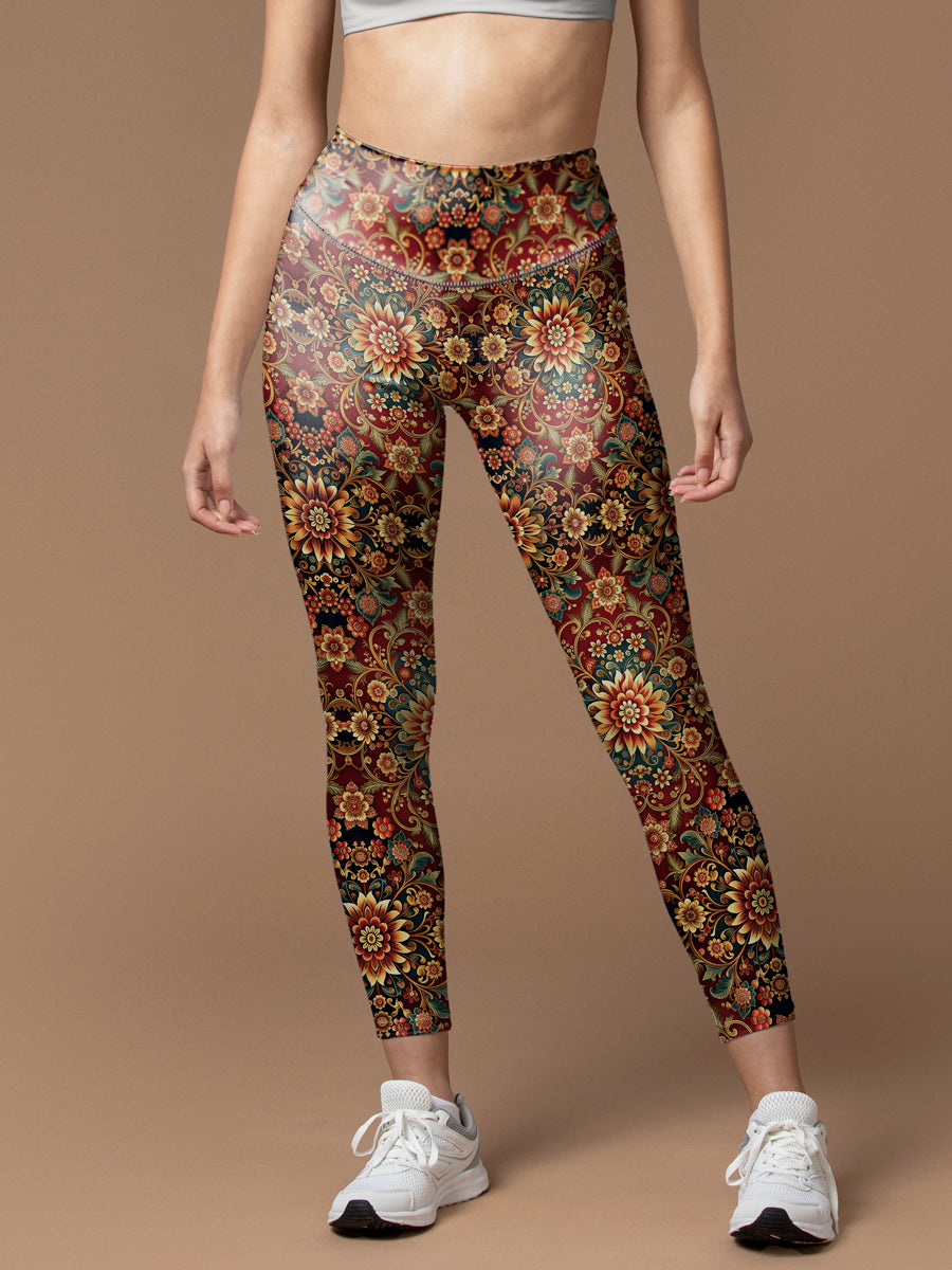 Ornate golden floral pattern red leggings