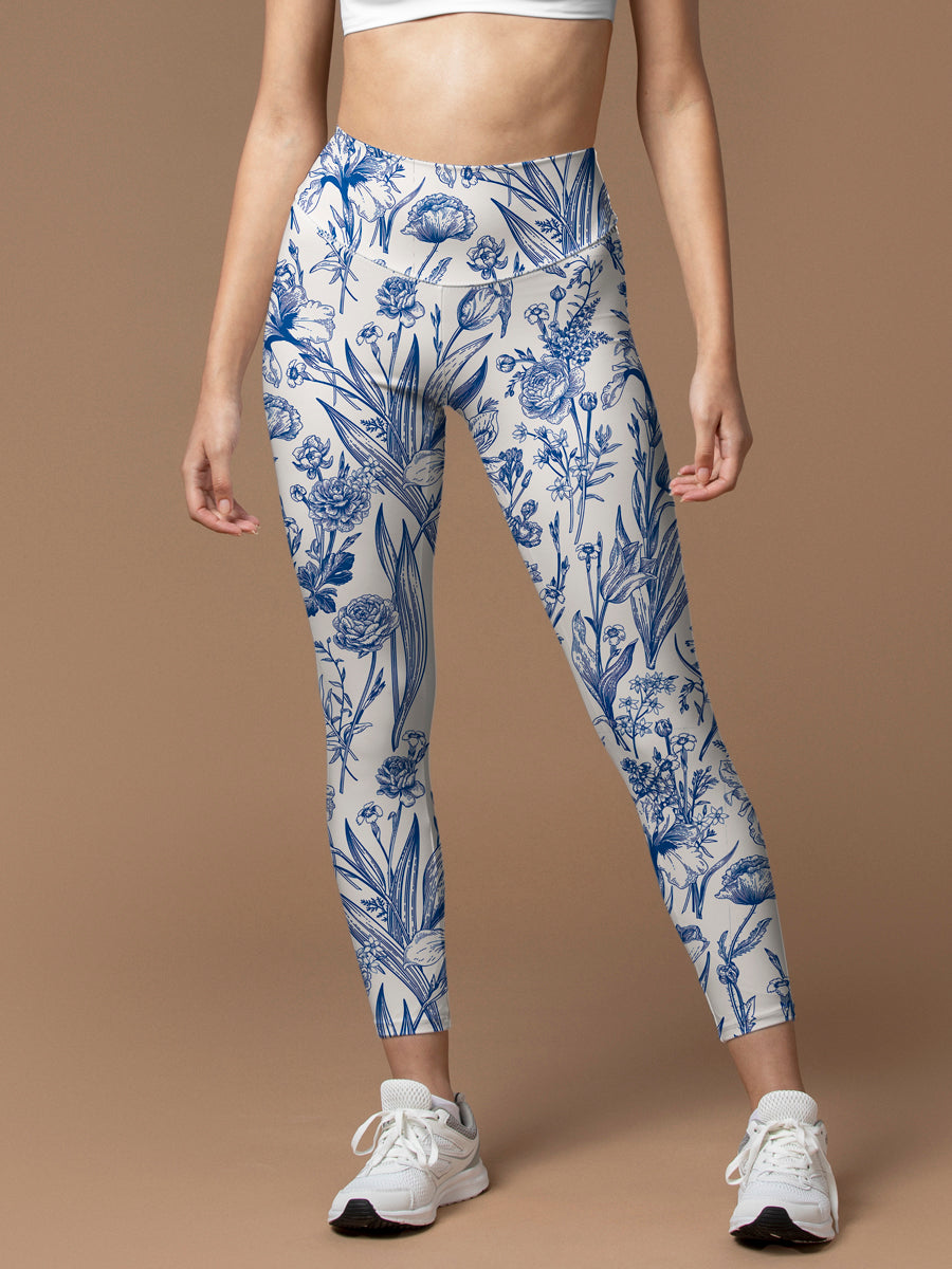 Flower blue lily of the valley rose tulip leaves print leggings