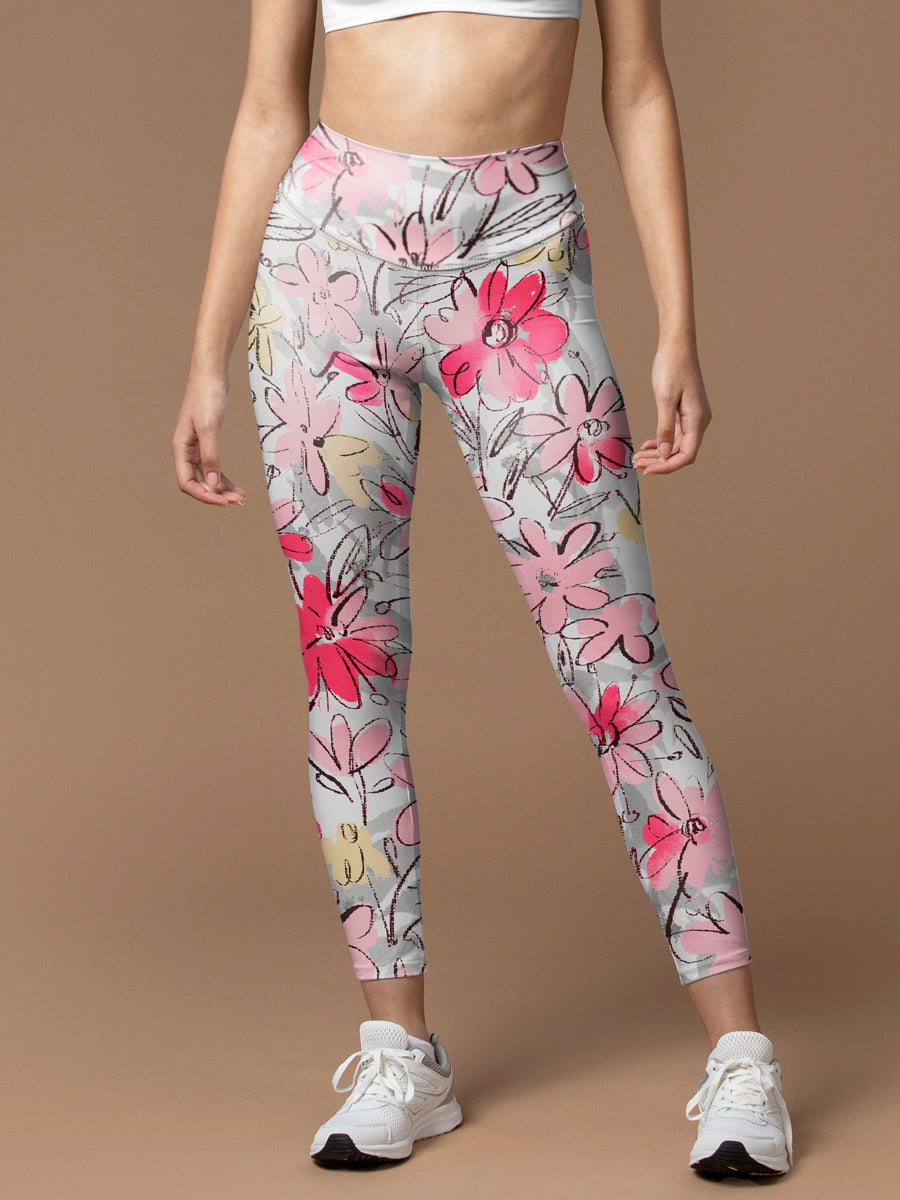 Hand painted colorful liberty style small mauve flowers leggings