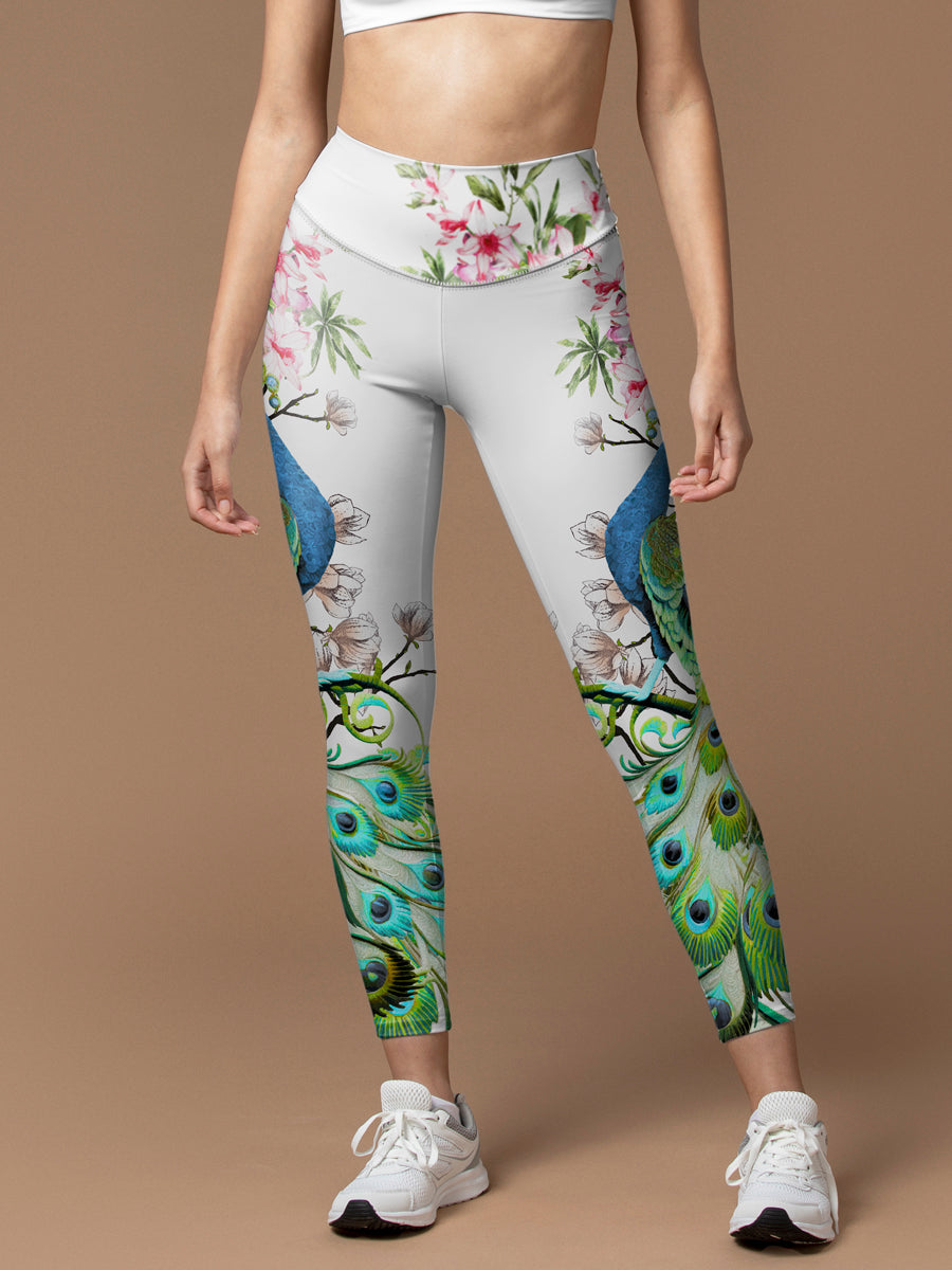 Animal peacock standing on the branch print leggings