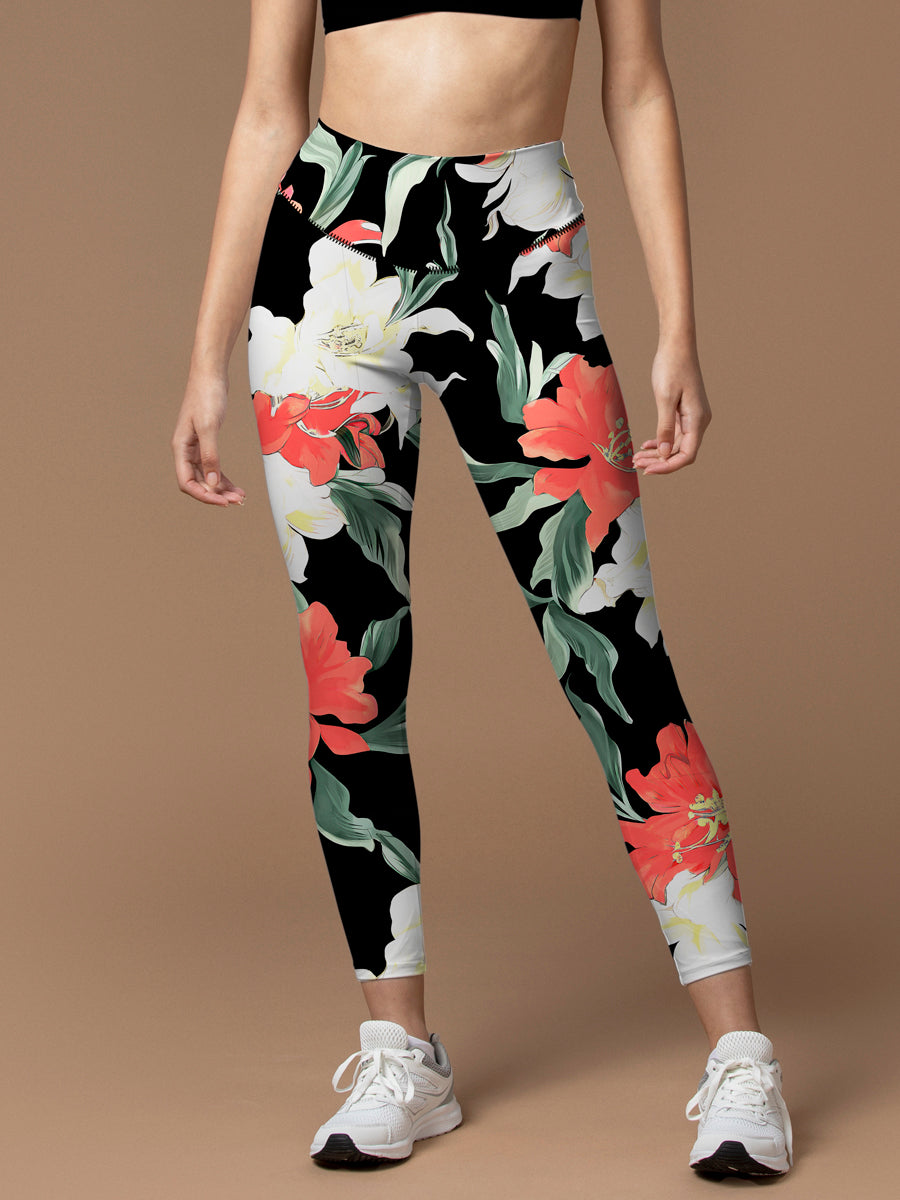 Flower white and red floral dark leggings