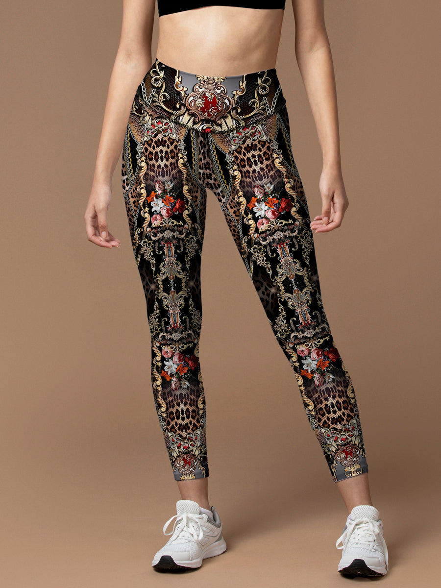 Animal leopard print gold ornaments flower design leggings