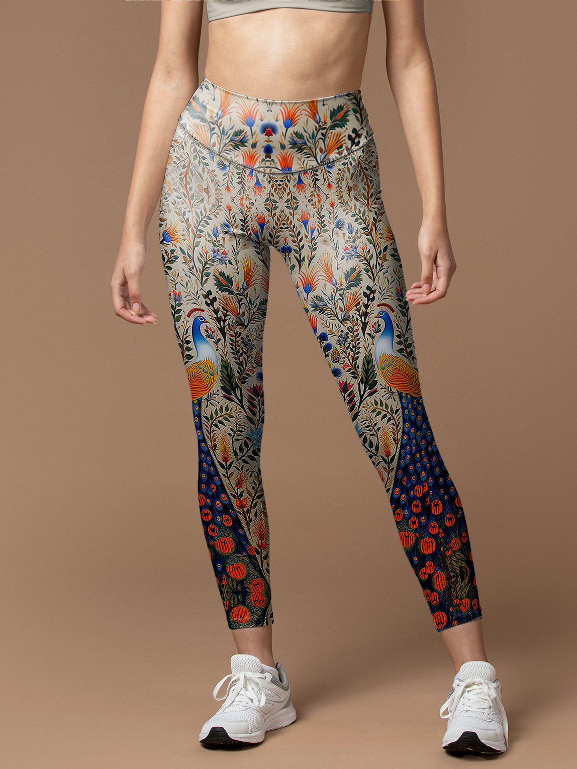 Animal peacock with colorful feathers and flowers leggings