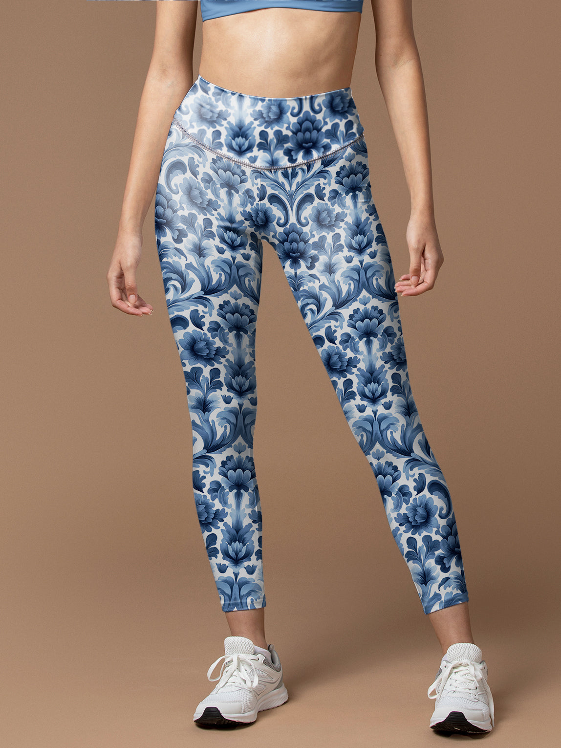 Vintage blue abstract floral lino cuts of leaves leggings