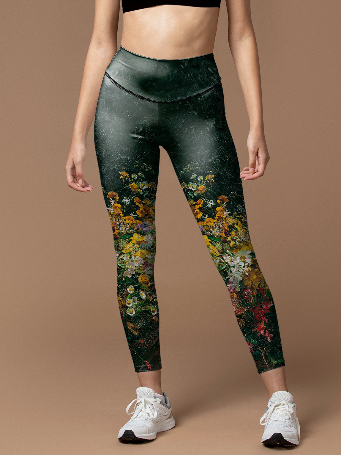 Colorful blooming wildflowers dark green leggings