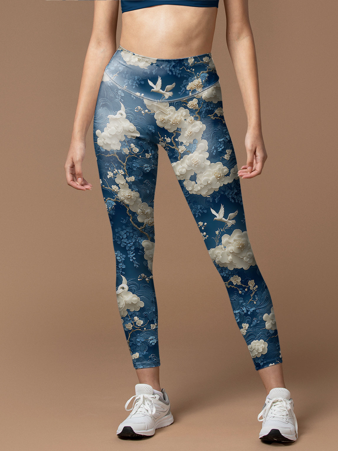 White cherry blossoms birds design leggings