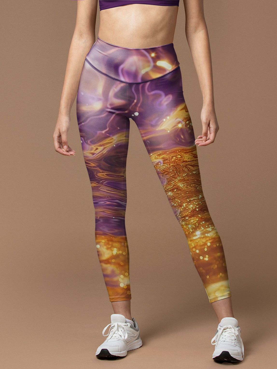 Water ripples with gold sunshine and purple captured leggings