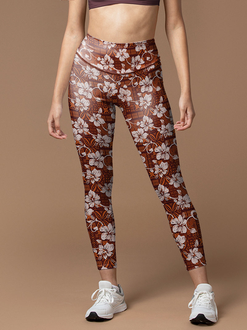 Hawaiian hibiscus brown leggings