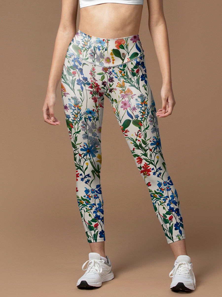 Hand painted wildflowers seamless leggings